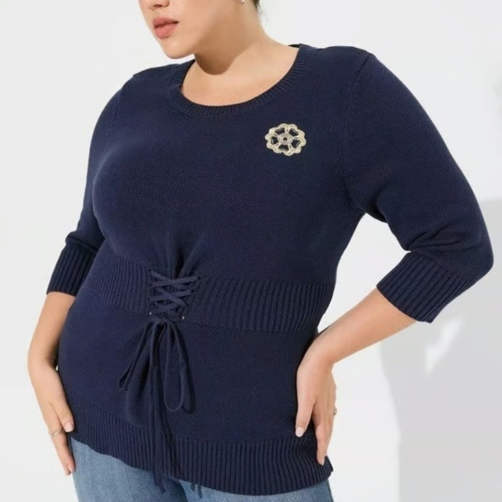 Torrid Outlander Lattice Front Quarter Sleeve Tunic Sweater Blue Womens Large